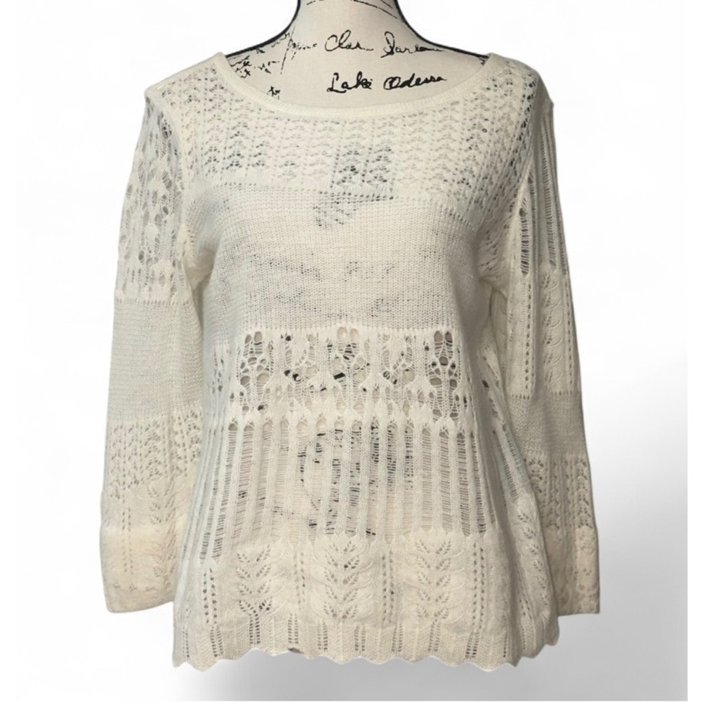 J.Jill Cream Merino Wool Angora Pointelle Lace‎ Knit Sweater Scalloped Hem Sz M